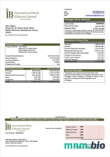 Liberia International Bank Liberia (IBLL) wyciąg z kredytu hipotecznego szablon Word i PDF